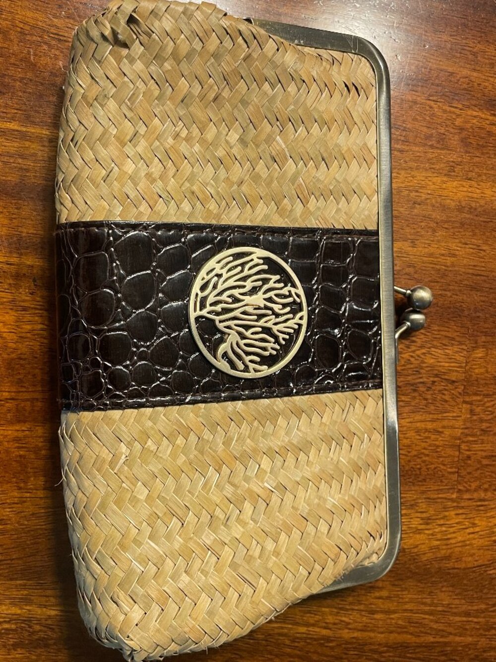 Mud Pie Bag Lady Sea Grass Woven Clutch Handbag Kiss Lock Faux Leather